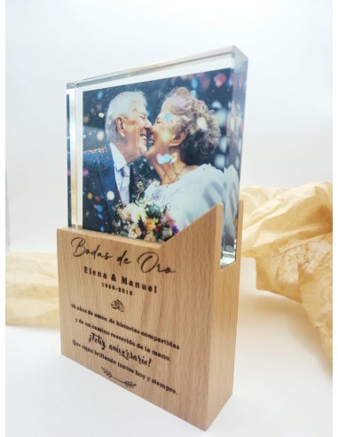 Placa Bodas de Oro cristal y madera